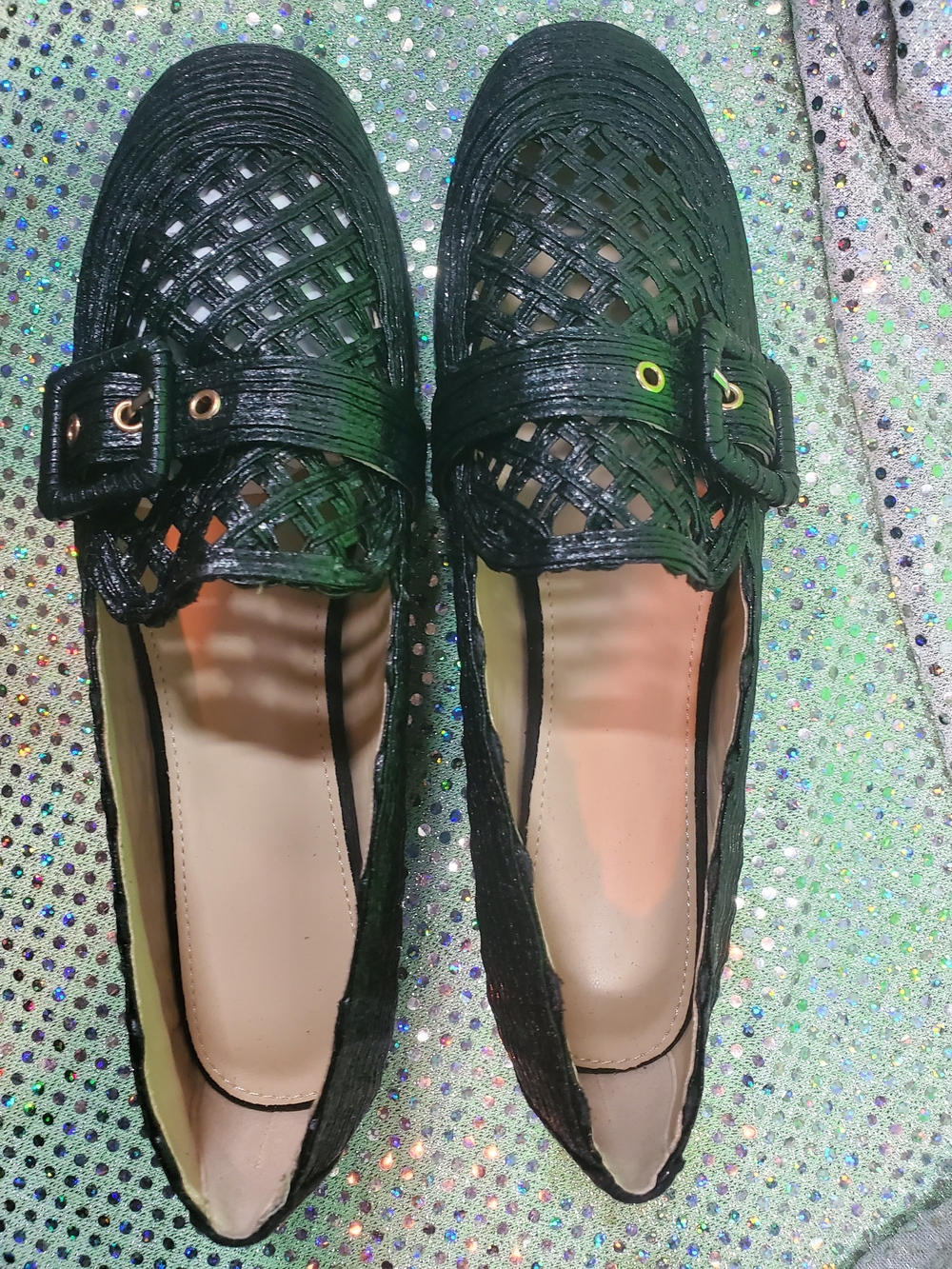 Black Woven Buckle Women's Loafers